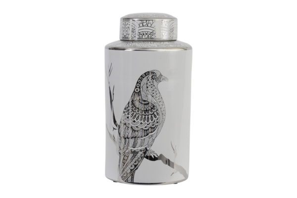 Silver Bird Print Ceramic Lidded Jar. Table and Floor decoration.