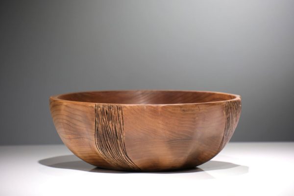 Ulmus Relief Bowl, wooden salad bowl with devorative embossed lines, solid elm wood