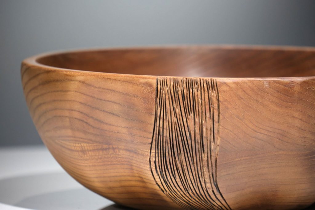 Ulmus Relief Bowl, wooden salad bowl with devorative embossed lines, solid elm wood