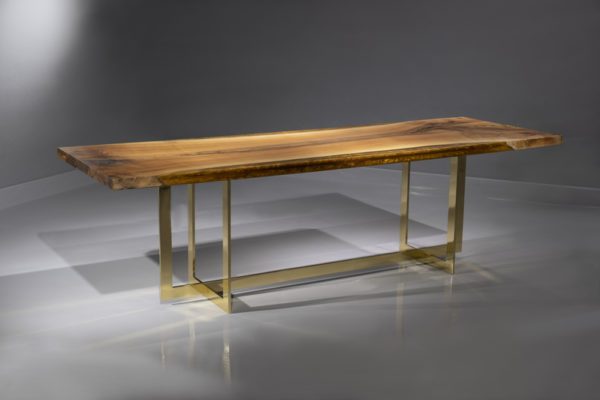gold line dining table, solid walnut wood and gold epoxy resin supported by a solid brass structured in super mirror finish