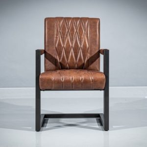 Front view of a metal dining armchair. Powder-coated metal frame in geometrical shape and dark gray matte finish. Seat and backrest upholstered in real brown leather with diamond-shape pattern.