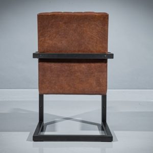 Back view of a metal dining armchair. Powder-coated metal frame in geometrical shape and dark gray matte finish. Seat and backrest upholstered in real brown leather with diamond-shape pattern.
