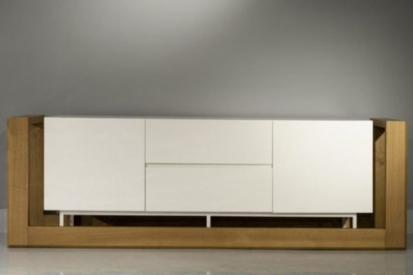 mystique buffet, white lacquered cabinets framed by solid chestnut wood supported by metallic white structure