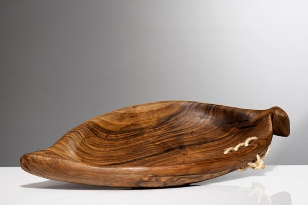 wooden platter in leaf shape with rope details, solid walnut wood