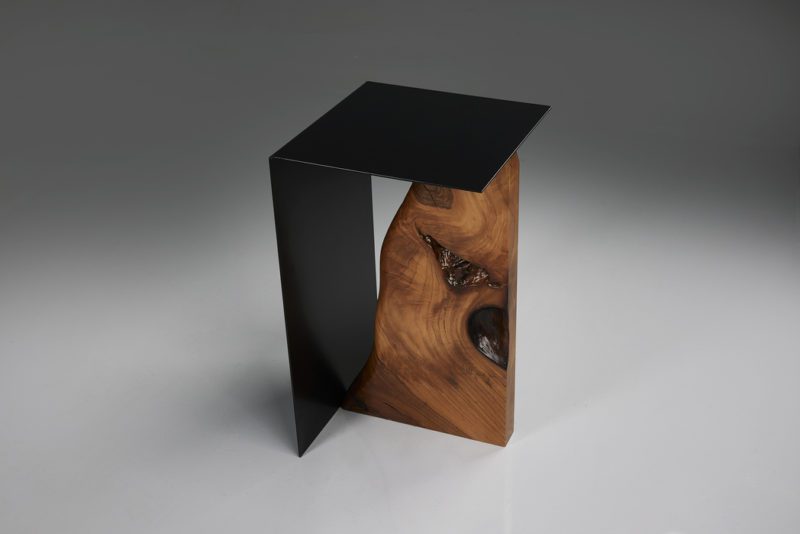 Double Touch Side Table. Natural solid wood with a black metallic half frame. Up Three Quarter view.