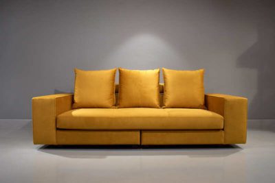 High-quality 3-seater sofa with dark yellow fabric upholstery, featuring independent back cushions and sturdy two-piece frame construction. Front view.